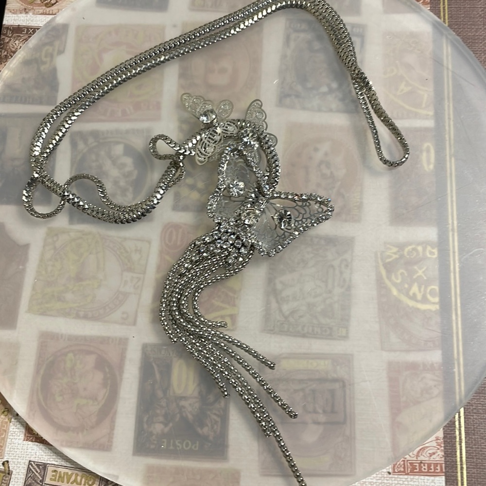Silver butterfly necklace long chain